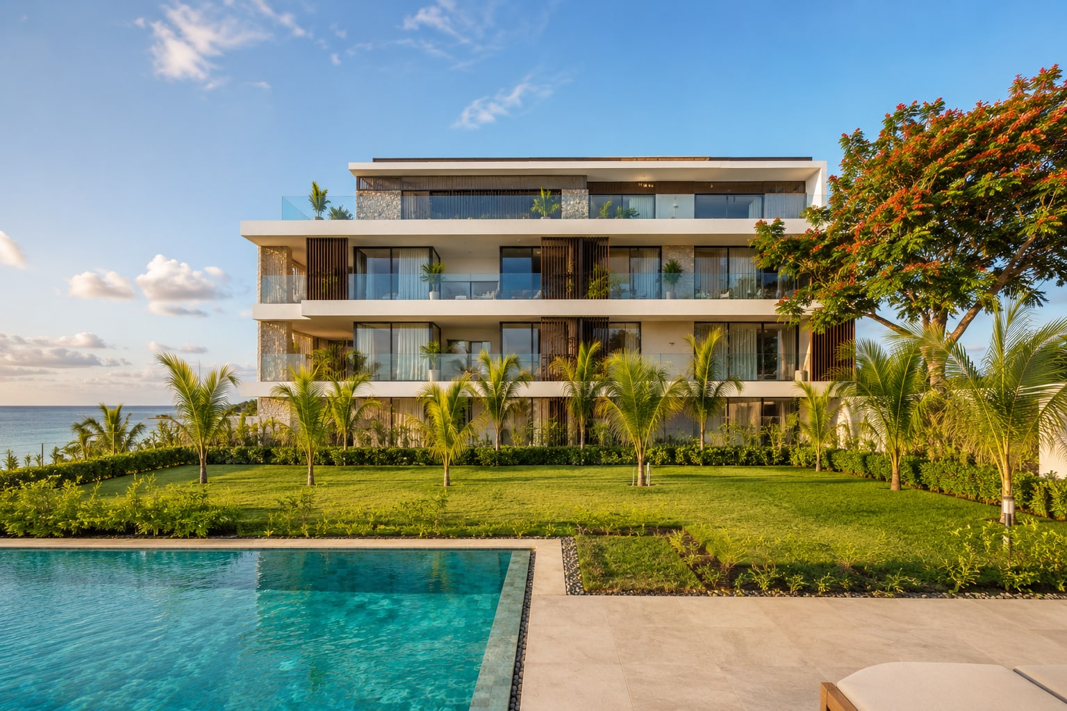 The residence seen from the garden, with the residents pool and a flame tree