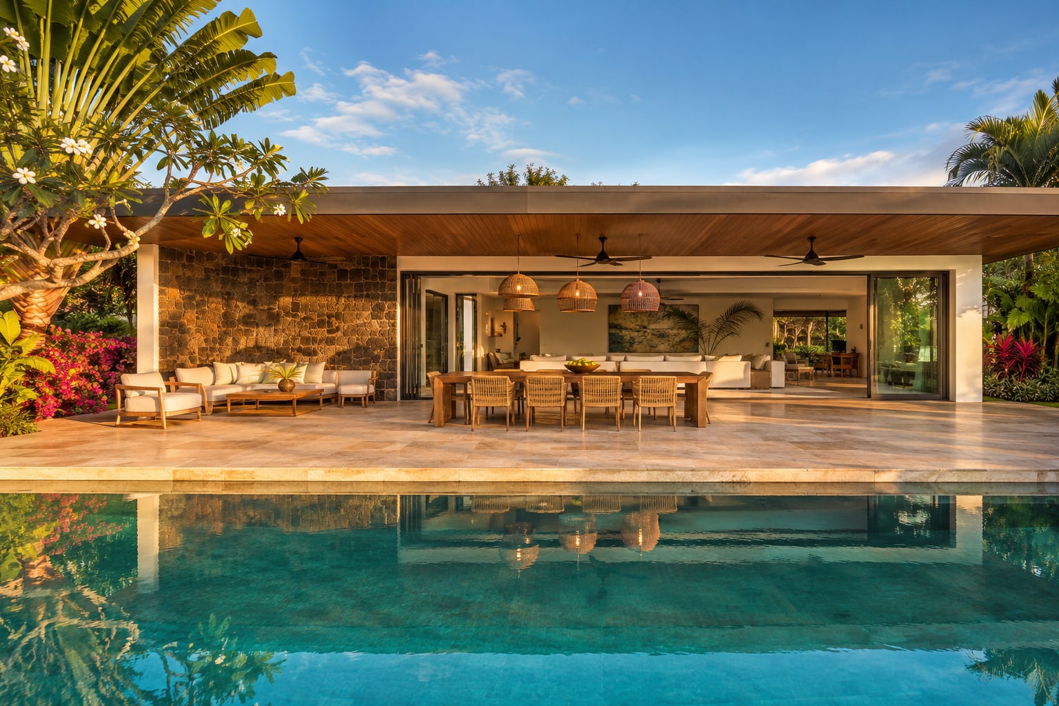 Poolside dining and lounge seating under the deep roof overhang
