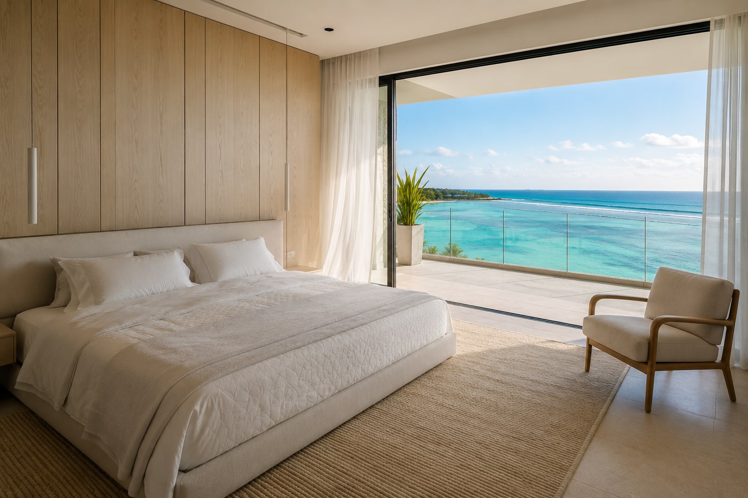Principal bedroom opening onto the terrace with the lagoon beyond
