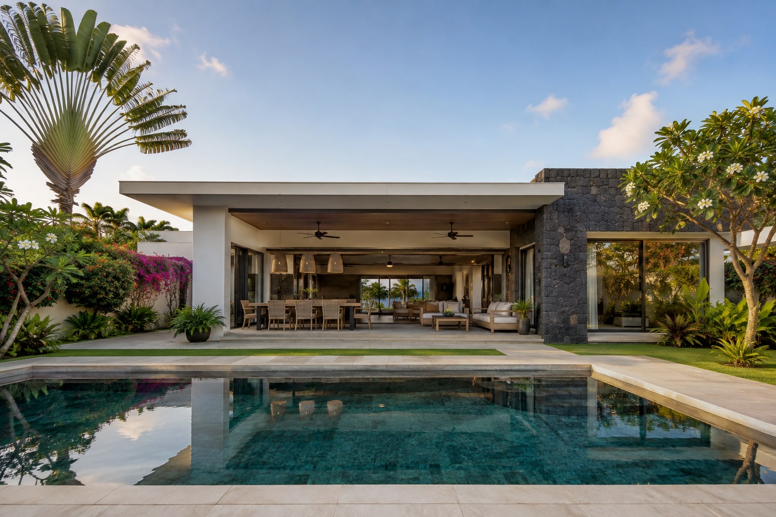 Single-storey villa frontage with bougainvillea and the pool in the foreground
