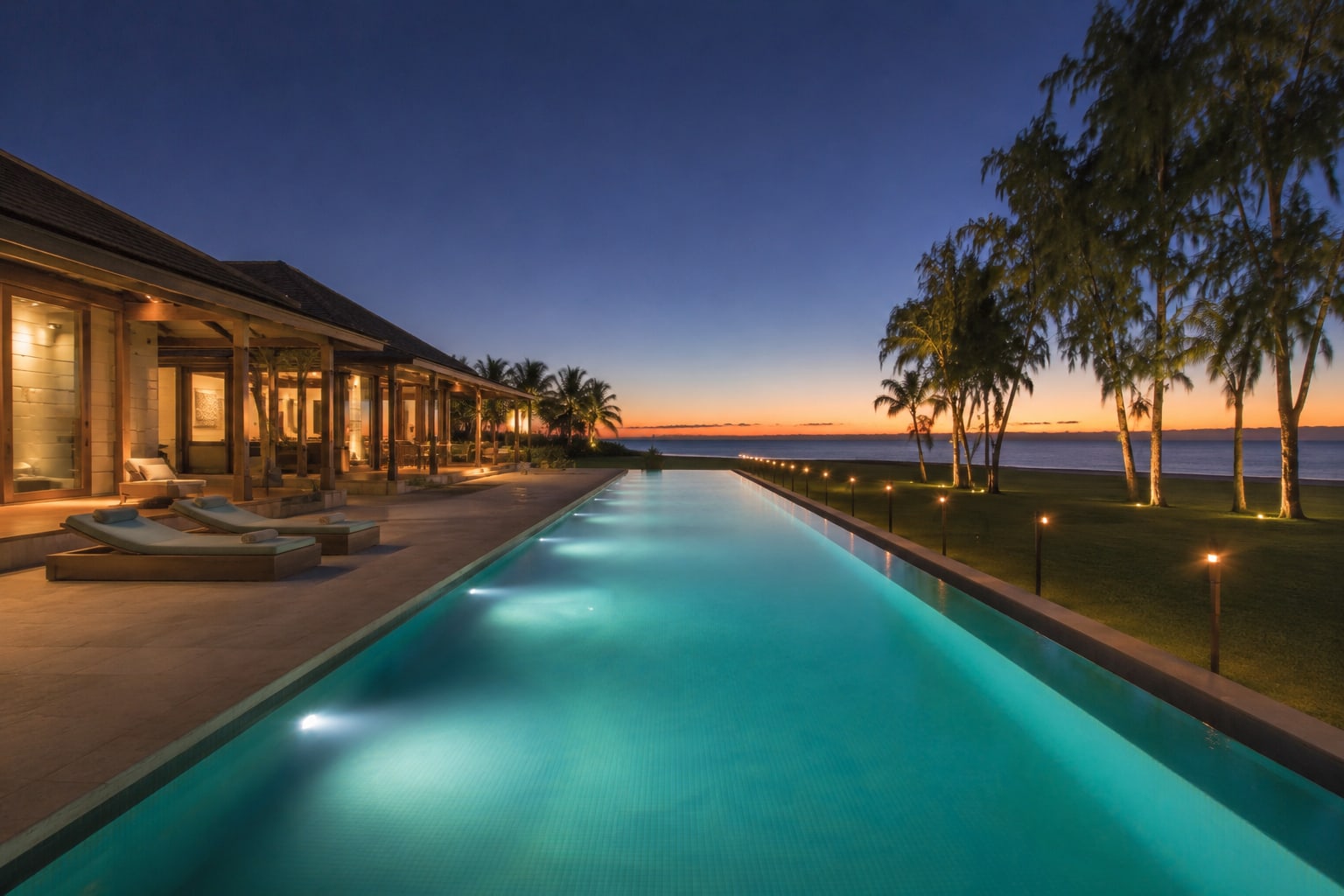 The lap pool lit at dusk, running parallel to the shore