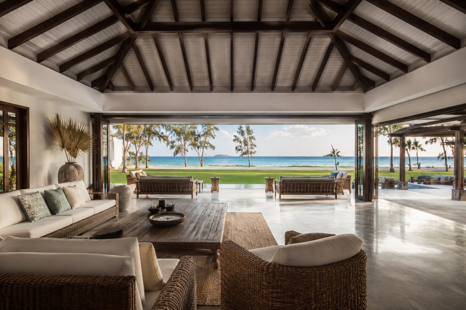 Open living wing with exposed rafters, retracted onto the lawn and the sea