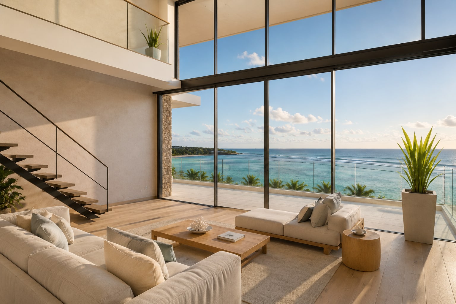 Double-height reception room with mezzanine and full-height sea-facing glazing