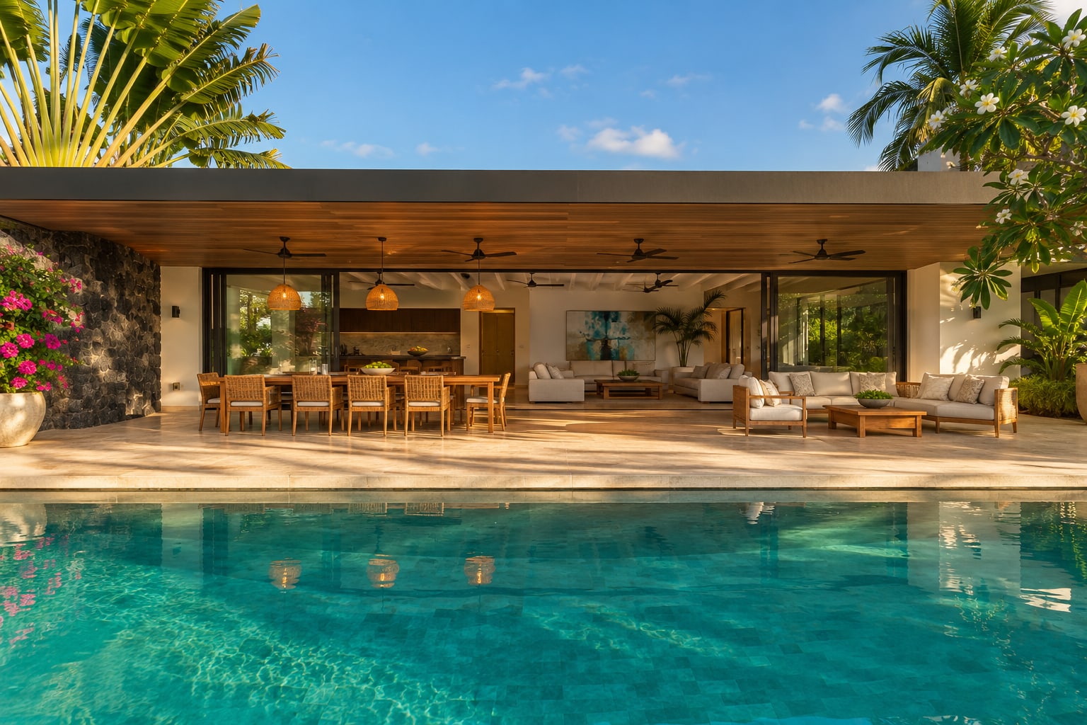Covered terrace with the dining table and living area open to the pool
